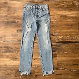 Level 99 Light Blue High Rise Distressed Button Fly Women's Skinny Jeans Denim